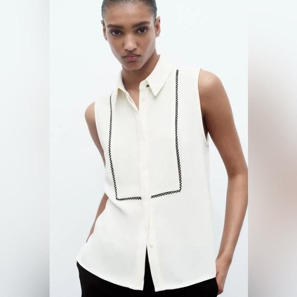 Zara Lace Trim Shirt Blouse Size Medium - Picture 1 of 10